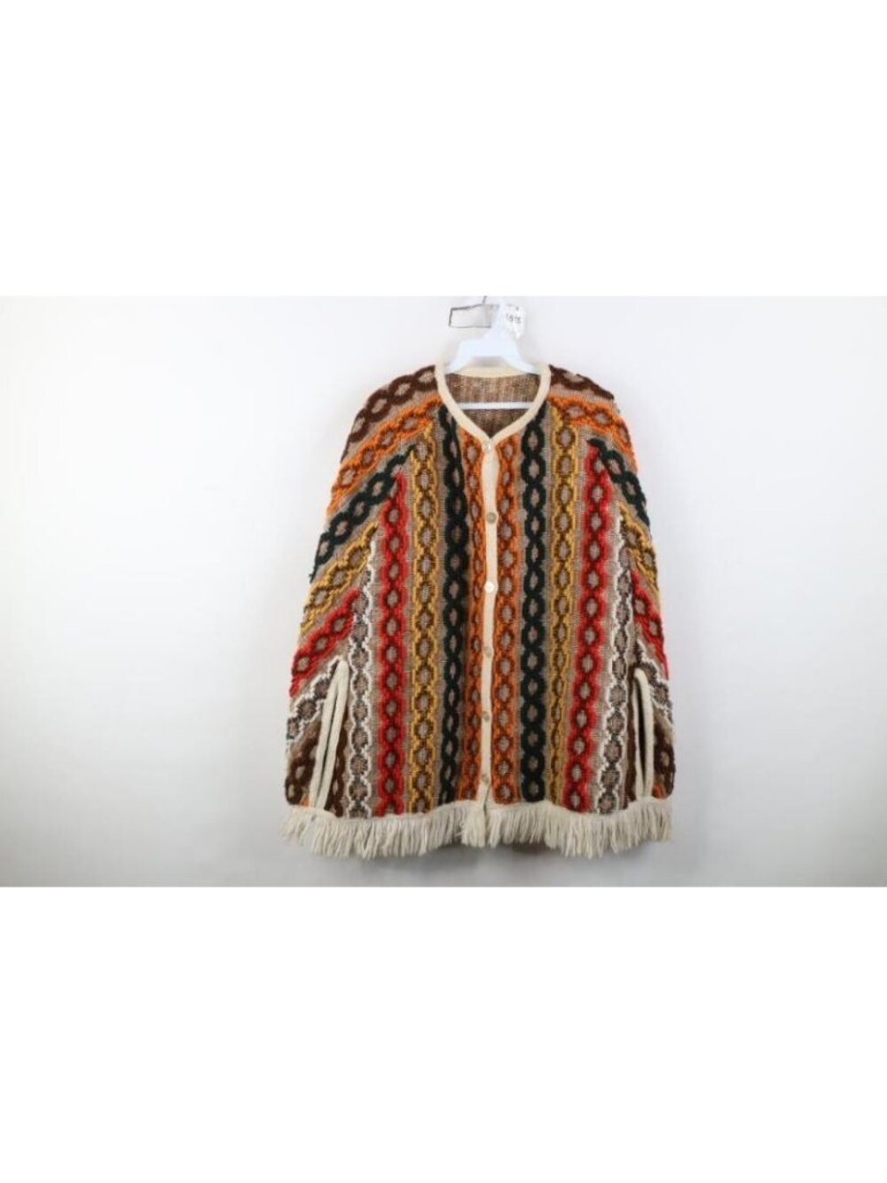 Vtg 60s 70s Mid Century Modern Womens OSFM Fringed Poncho Blanket Cape Jacket